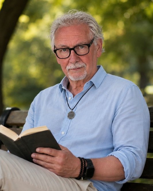 Ecki Raff sitzt mit einem Buch auf einer Parkbank im Sonnenlicht